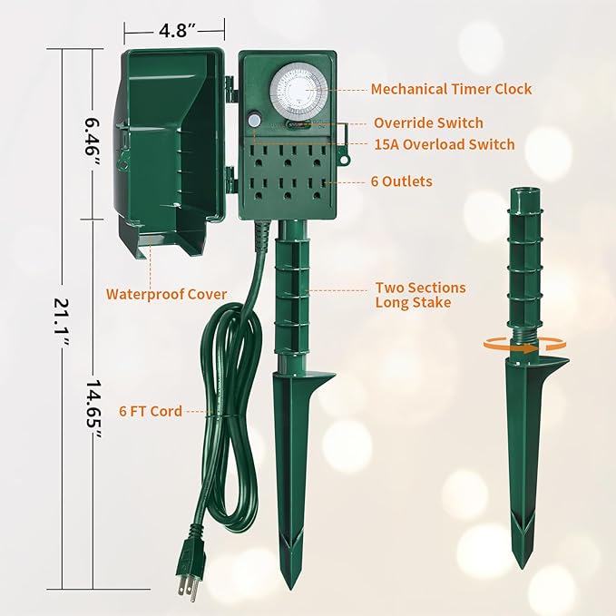 SURAIELEC Outdoor Power Stake, 24-Hour Mechanical Light Timer, Electrical Power Strip Weatherproof, 6FT Extension Cord Multiple Outlet Plug for Patio Lights, Christmas Decorations, Outdoor Light