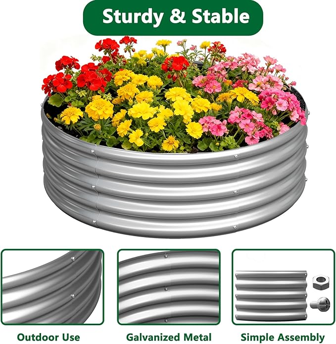 zizin 2 Pcs Round 4x4x1ft Raised Garden Bed Kit Metal Planter Box for Planting Vegetables, Silver