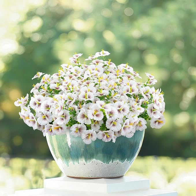 12 Bundles Artificial Pansy Flowers for Outdoor, Faux Silk Pansies Spring Flowers Outside for Planter Front Door Porch Patio Yard Window Box Home Decor (White)