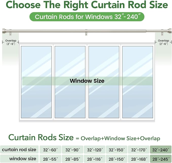 Curtain Rods for Windows 32 to 240, 1 Inch Adjustable Heavy Duty Long Window Curtain Rod with Simple End Caps, Outdoor Drapery Rods for Patio, Size 32"-240", Brushed Nickel