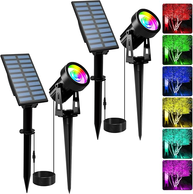 T-SUNUS RGB Solar Landscape Spotlights Christmas, Color Changing Spot Lights Outdoor IP65 Waterproof 9.8ft Cable, Separated Panel Light for Flag Tree Yard Garden Driveway Walkway Pond Halloween 2 Pack