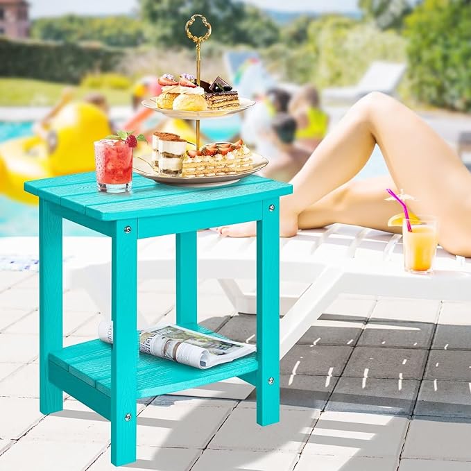Y&M Outdoor Side Table, HIPS Adirondack Small Double Layer Table, Waterproof Square Balcony Modern End Tables for Patio, Pool, Beach, Porch, Deck, Indoor or Outdoor Use, Aruba Blue