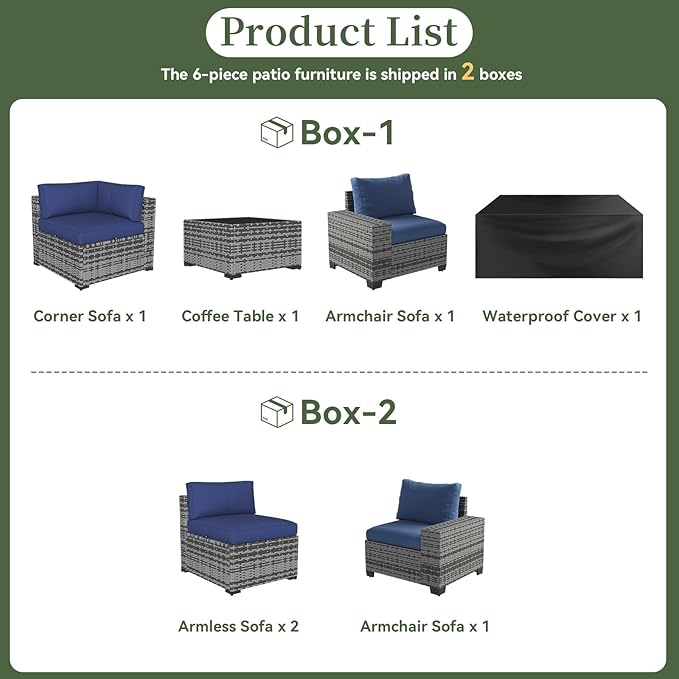 Aoxun 6 Piece Patio Furniture Set with Wide Armrests Wicker Rattan Outdoor Sectional Sofa Set with Coffee Table and Thickened Cushions, Grey/Blue(Waterproof Cover Included)