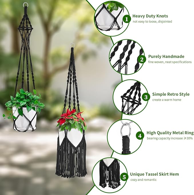 Macrame Plant Hangers, 6Pack Hanging Plant Holders Indoor w/ 6 Set Hooks Handmade Cotton Rope Plant Hangers Set Flower Pots Holder Stand Boho Home Decor Hanging Planters for Indoor Outdoor Plants
