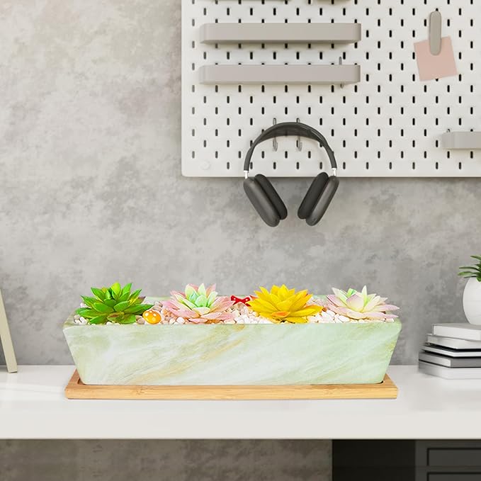 Succulent Pots - 12.1 Inch Large Succulent Pots with Drainage Tray, Window Sill Planter, Long Rectangle Ceramic Pots for Indoor Cactus/Succulent Plants Shallow Bonsai Window Box for Home Garden Decor