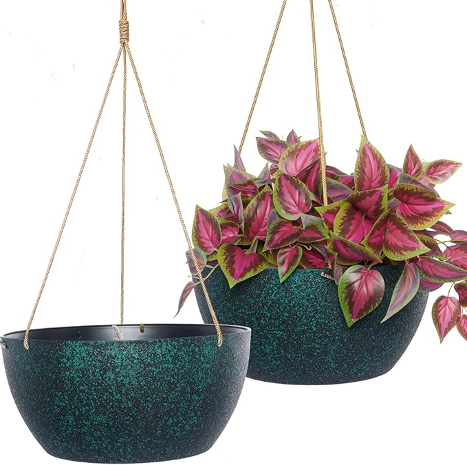 13 Inch 2 Pack Large Hanging Planters for Indoor Outdoor Plants, Plastic Hanging Basket Pots for House Plants Flowers, Black Speckles
