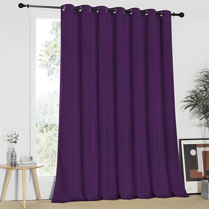NICETOWN Blackout Curtain 95 inches Long - Silver Rings Thermal Insulated Wide Sliding Glass Door Privacy Blinds for Hall/Villa (Royal Purple, 100 inches Wide)