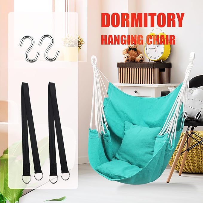 Hommtina Hammock Chair Hanging Rope Swing, Max 300 Lbs Hanging Chair with Pocket & Durability Perfect for Outdoor, Home, Bedroom, Patio, Yard (Pillows NOT Included,Pea Green)