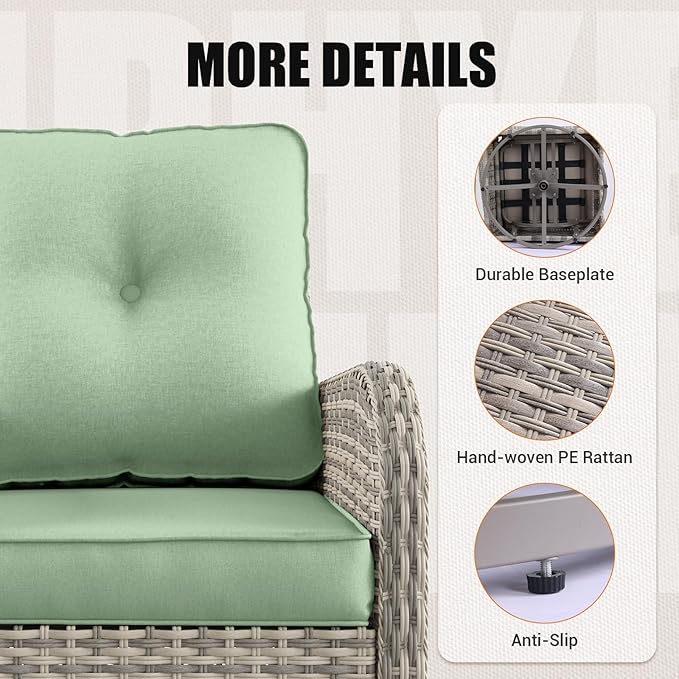 16-Piece Outdoor Patio Furniture Set with Rocking Swivel Chair, PE Wicker Rattan Sectional Sofa Patio Conversation Set with 55,000 BTU Fire Pit Table & Coffee Table, Light Green