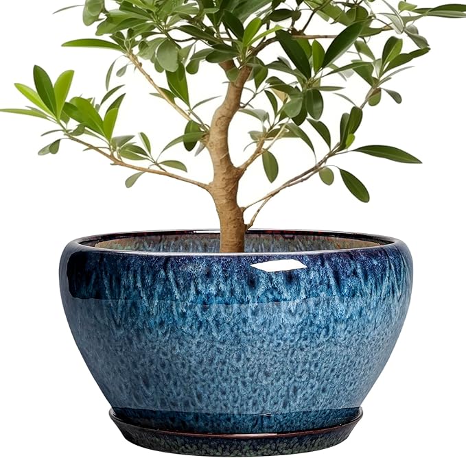 Ceramic Plant Pots 13 Inch - Indoor Planter with Drainage Hole and Saucer, Decorative Large Planter for Indoor Outdoor Plants, Ceramic Flower Pots, Gifts for Plant Lovers, House Decor, Blue
