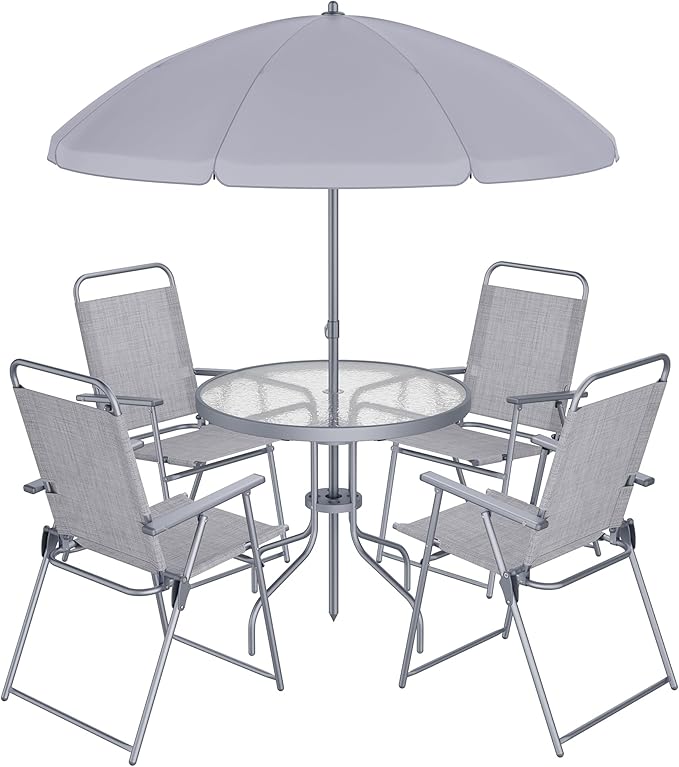 Shintenchi 6 Piece Patio Dining Set with Umbrella, Outdoor Furniture Set with 4 Folding Chairs and Tempered Glass Top Dining Table fot Lawn Backyard Garden Porch, Silver