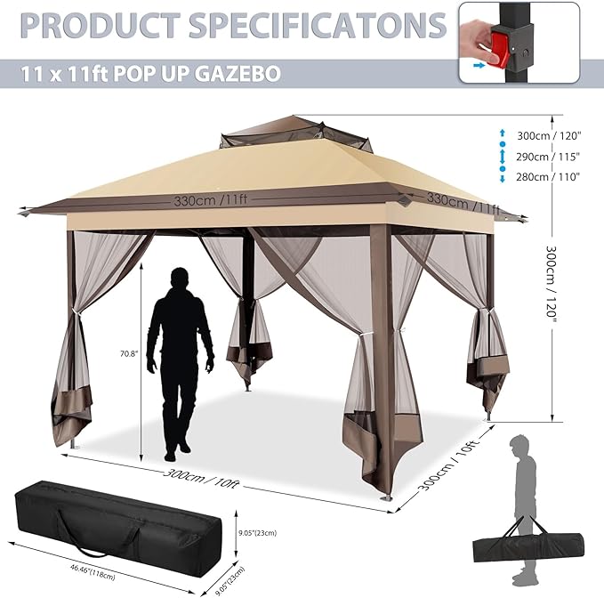 COBIZI 11x11 FT Pop up Gazebo Canopy Tent - Outdoor pop up gazebos on Clearance,carpas para Patio,Shelter - Screen Tents with Portable Carry Bag,Patio Gazebos for Camping,Garden,Deck,Backyard,Brown
