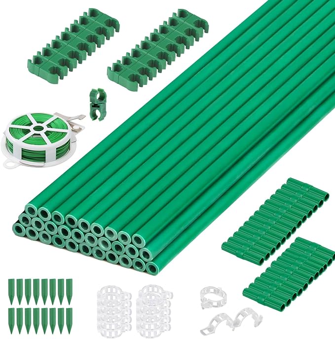 Cludoo 94PCS Garden Stakes Set with 30 Sets Fiberglass Plant Stakes Sticks Supports and Accessories, DIY 4ft 5ft 6ft 7ft Tomato Stakes for Tomato,Vegetables, Pepper, Indoor Outdoor Spring Plants