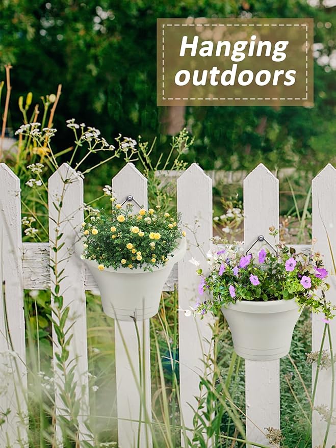 MADHOLLY 6Pcs Vertical Hanging Planters for Outdoor Plants - Wall Plant Holder for Indoor Decorations Garden Fence, Plastic Flower Pots with Drainage Grid and Hooks (White)