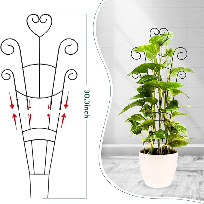 30 Inch Plant Trellis for Climbing Plants Indoor, Outdoor Metal Garden Trellis for Potted Plants, Houseplant Plant Support for Ivy Pothos Monstera Hoya Flower Vine Black Heart (Black-4pcs)