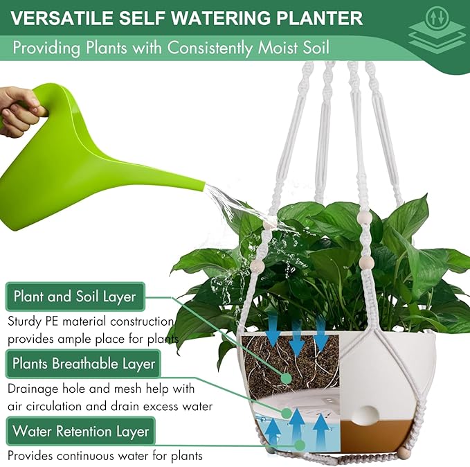 3 Pack 8/10/12 Inch Hanging Planters for Indoor Plants with Self-Watering Includes Hanging Pots for Plants, Outdoor Hanging Flower Pots with Drainage, and 2 Types of Hanging Baskets Hangers (White)