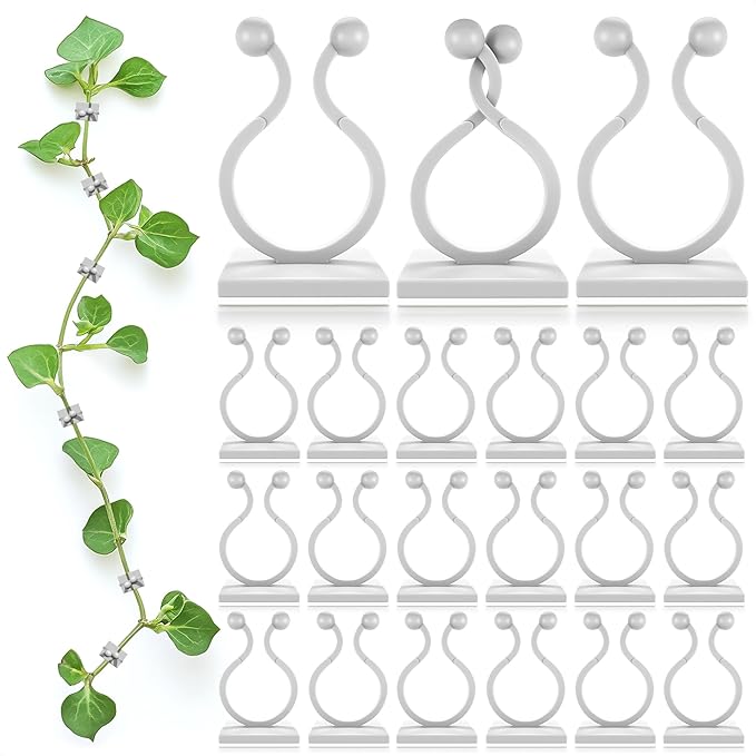 100Pcs Clear Plant Clips for Climbing Plants Indoor - White & Flexible Climbing Plant Wall Clips for Vines - Universal Size Vine Clip Set with Self-Adhesive Mount, Easy Installation and Strong Grip