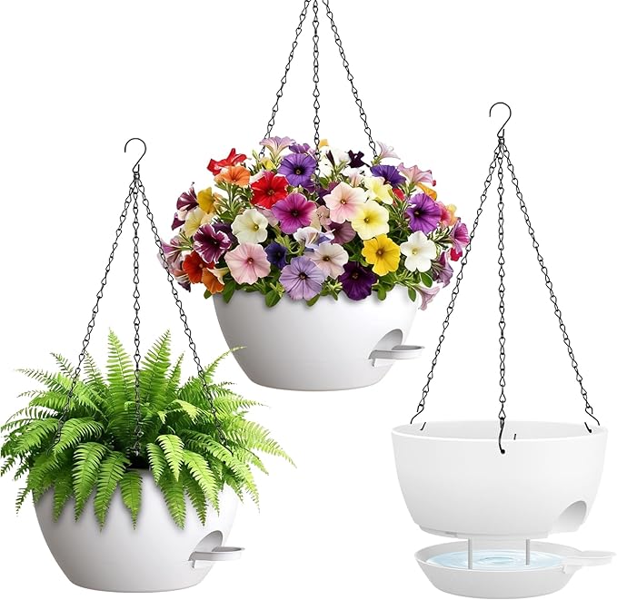 Set of 3-10 Inch Self Watering Hanging Planters for Indoor Outdoor，Hanging Plant Pots with Drainage & Removable Tray, Hanging Pots for Pothos Plant, Spider Plants, Ferns, Balcony & Patio, White