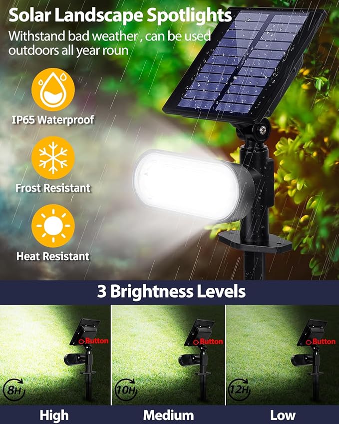 Solar Spot Lights Outdoor, 3 Lighting Modes Landscape Spotlights, IP65 Waterproof Solar Powered Outdoor Lights for Outside Garden Yard Pathway, Cool White, 2 Pack