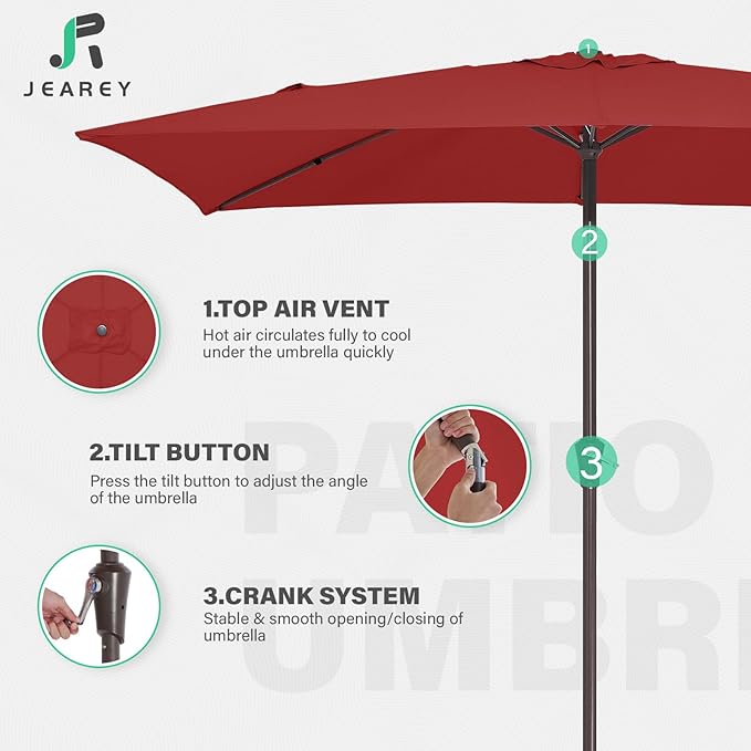 JEAREY 6.5x10 ft Rectangular Patio Umbrellas Rectangle Outdoor Umbrella with Push Button Tilt and Crank, Market Table Umbrella 6 Sturdy Ribs UV Protection for Poolside Garden Backyard Deck, Red