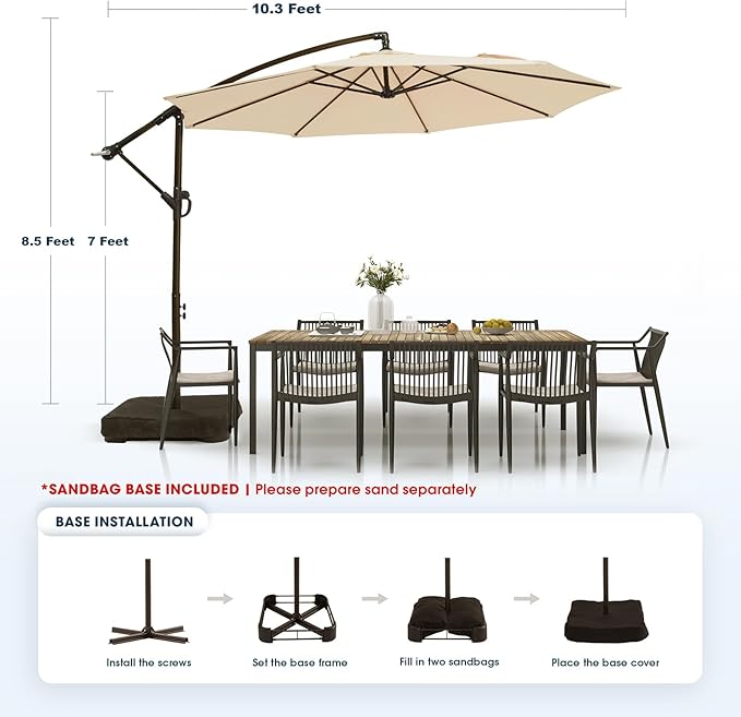 wikiwiki 10ft Patio Umbrella with Base Included, Outdoor Offset Cantilever Umbrella with Sandbag Base for Backyard, Garden and Pool, Easy to Tilt and Crank, Beige