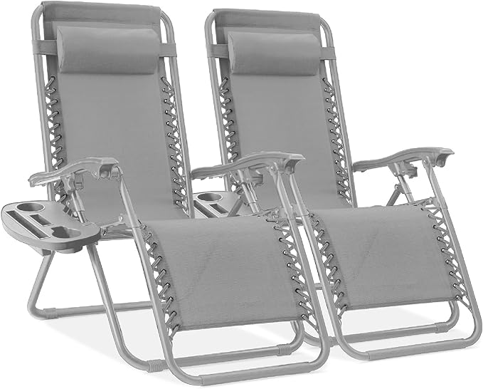 Best Choice Products Set of 2 Adjustable Steel Mesh Zero Gravity Lounge Chair Recliners w/Pillows and Cup Holder Trays - Dove Gray