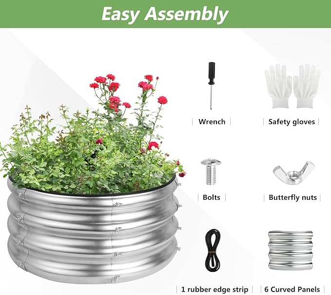 2x2x1ft Round Galvanized Raised Garden Bed Kits, Raised Garden Bed Metal Planter Outdoor Easy Assembly Garden Bed for Planting Vegetables, Fruits & Flowers, Sliver