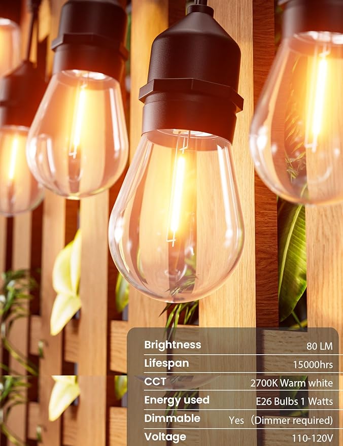 Svater Outdoor String Lights 200 FT, E26 Socket, 64pc S14 Shatterpoof Bulbs, 1 Watt Dimmable 2700K Warm White, IP65 Waterproof Commercial Grade Patio Light (4 Pack X 50FT)