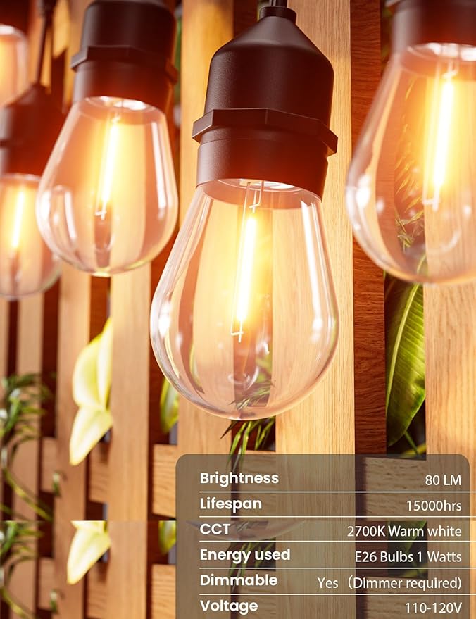 Svater Outdoor Led String Lights 36 FT, Patio Lights for Outside with 13pcs S14 Shatterproof Bulbs, 1 Watt E26 Dimmable, IP65 Waterproof, Commercial Grade Bistro Light 2700K Warm White