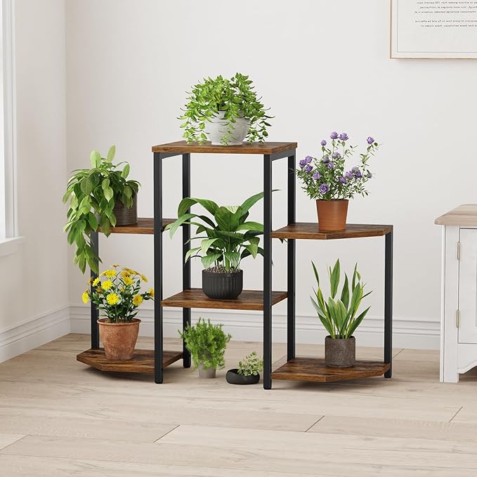 Plant Stand Indoor, Multiple Plant Shelf Corner Rack, 6 Potted Plant Stand, 6 Tiers Large Flower Holder, Planter Display Rack for Patio Balcony Living Room Bedroom Decor, Rustic Brown