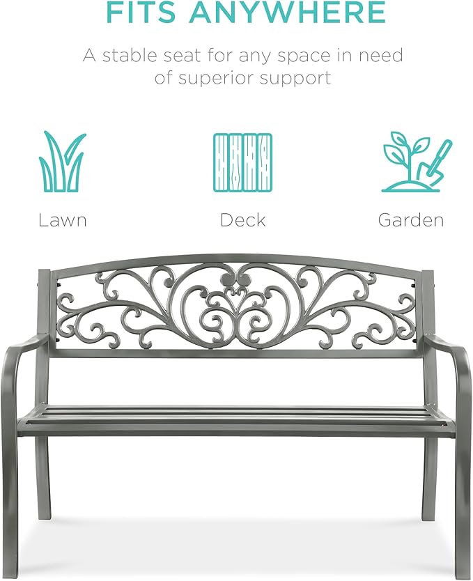 Best Choice Products Outdoor Bench Steel Garden Patio Porch Furniture for Lawn, Park, Deck w/Floral Design Backrest, Slatted Seat - Gray