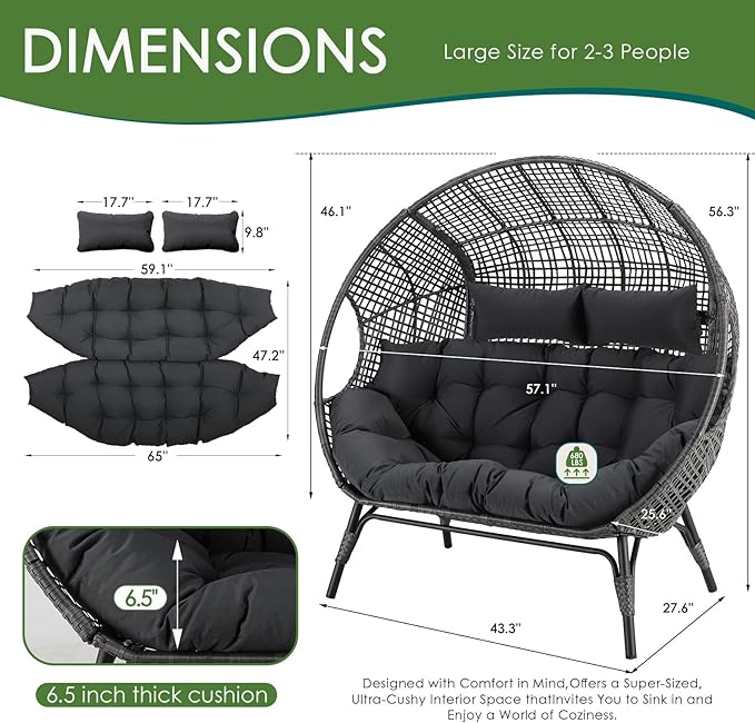 NICESOUL® Double Egg Chair Indoor Outdoor Stationary Oversized 6.5" Thick Padded Cushions,2 Person Egg Wicker Loveseat Chair,680 lbs Extra Large Lounge Chair for Patio Balcony Porch Backyard Gray