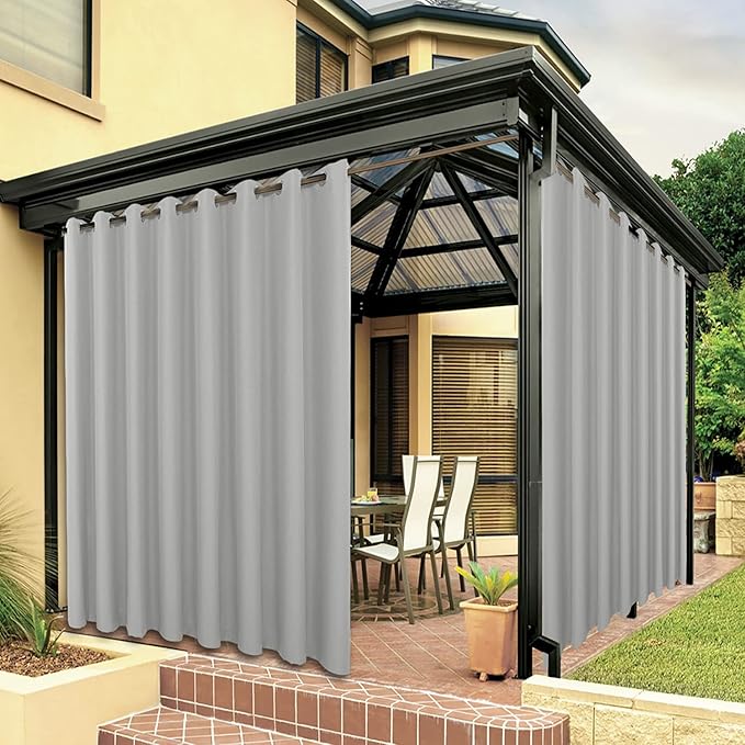 BONZER Waterproof Outdoor Curtains for Patio Porch Pergola Cabana Thick Privacy Wide Grommet Indoor Curtains for Bedroom Living Room, 1 Panel, 110W x 120L inch, Silver