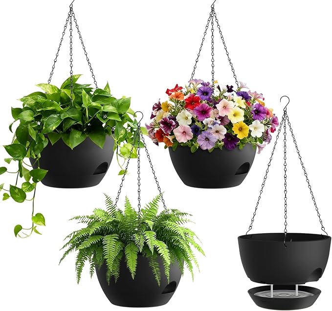 4 Pack 8 Inch Self Watering Hanging Planters for Indoor Outdoor Plants，Hanging Pots for Plants with Drainage Removable Tray, Hanging Baskets Flower Pots for Ivy Pothos Spider Garden Porch Black