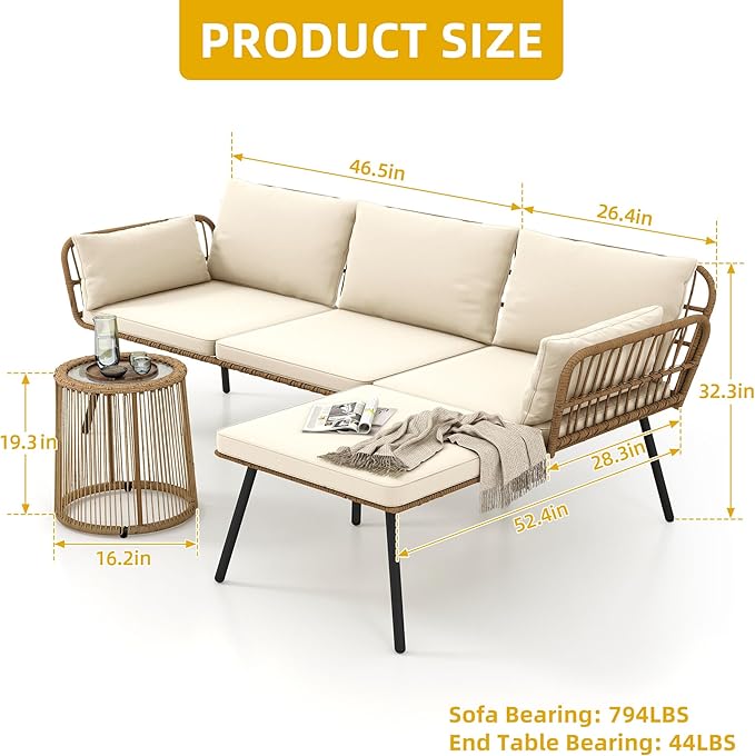 DWVO Patio Furniture Set 3 Piece Outdoor Wicker Conversation Set with Detachable Cushions and Coffee Table L-Shaped Sectional Sofa Set Outdoor Furniture Set for Backyard Porch Deck - Beige