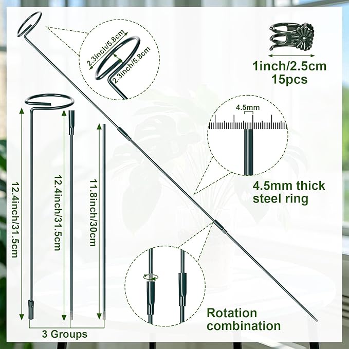 Mwellewm 3 Sets Plant Stakes 12/25/36 Inch Adjustable Plant Support Stakes Tall for Indoor Outdoor Plant Holder Stick Steel Garden Stem Pole Amaryllis Stakes with 15 Clip for Tomato Orchid Lily Flower