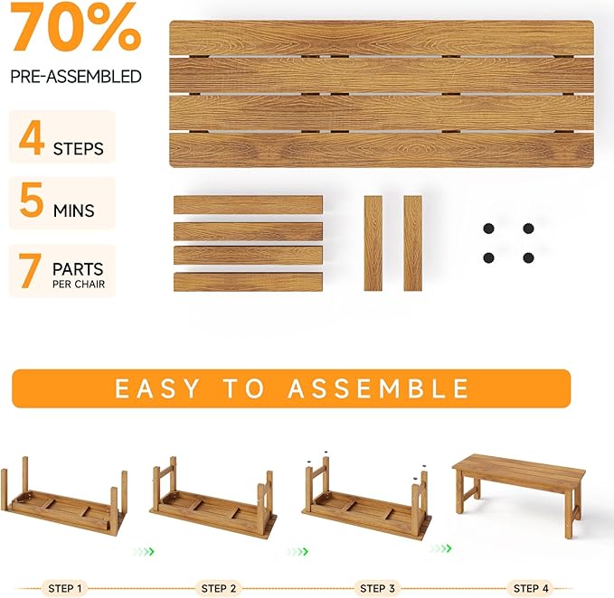 ONBRILL Outdoor Benches Weatherproof, 2-Person Poly Lumber Garden Bench, All-Weather Patio Bench Will not Rot and Fade for Garden, Porch, Backyard and Park, Easy Installation, Teak
