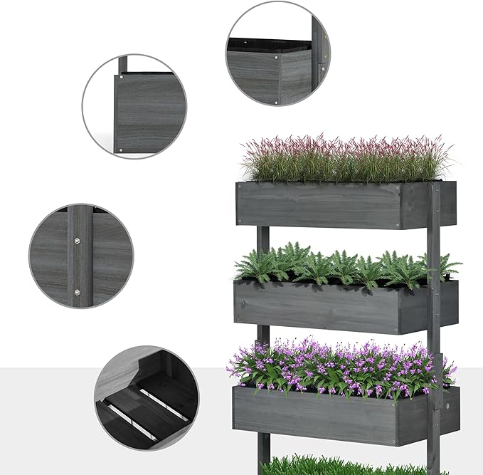Outsunny Vertical 4 Tier Raised Garden Bed, Wooden Planter Box, Self-Draining with Bed Liner for Indoor Outdoor Flowers, Vegetables and Herbs, Gray