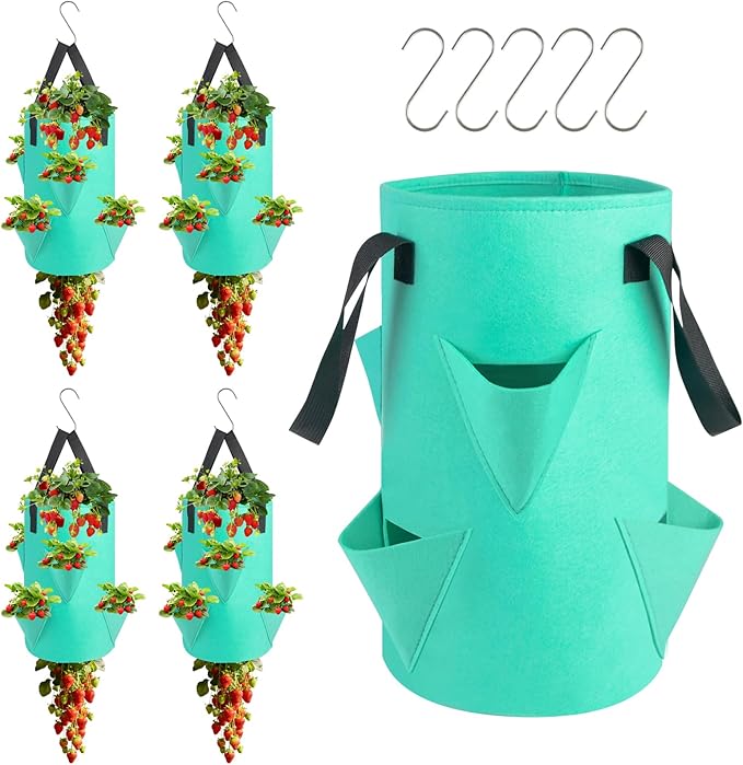 5 Pack Upside Down Strawberry Hanging Planter, 3 Gallon Tomato Hanging Grow Bags with 5 Hooks, Hanging Tomato Strawberry Grow Planters Vegetable Planting Bags with 6 Planting Holes for House Garden