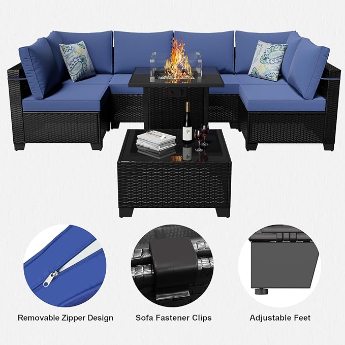 8 Piece Patio Furniture Set with Fire Pit Table, Wicker Outdoor Sectional Sofa, Conversation Set for Backyard, Garden, Deck (Coffee/Blue)