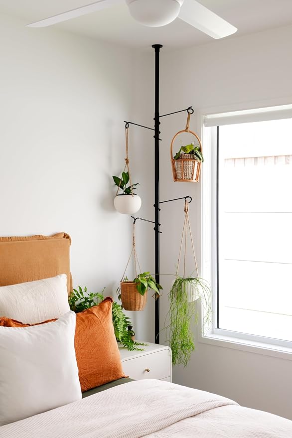 Tension Rod Plant Stand, Plant Poles for Hanging Plants Indoor, Metal Floor to Ceiling Hanging Plants Stand, Tension Pole Plant Stand with 6 Hooks (Fit 3.6-10ft)