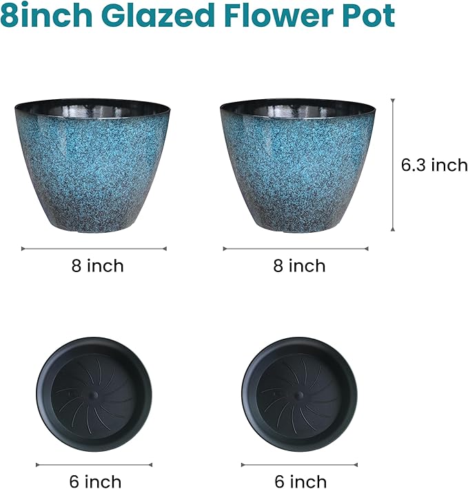 2 Pack Plastic Plant Pots with Drainage Holes, 8 inch Planter for Indoor Outdoor Plant, Garden Flower Pots for Aloe, Herbs, Cactus(Blue, 2pcs)