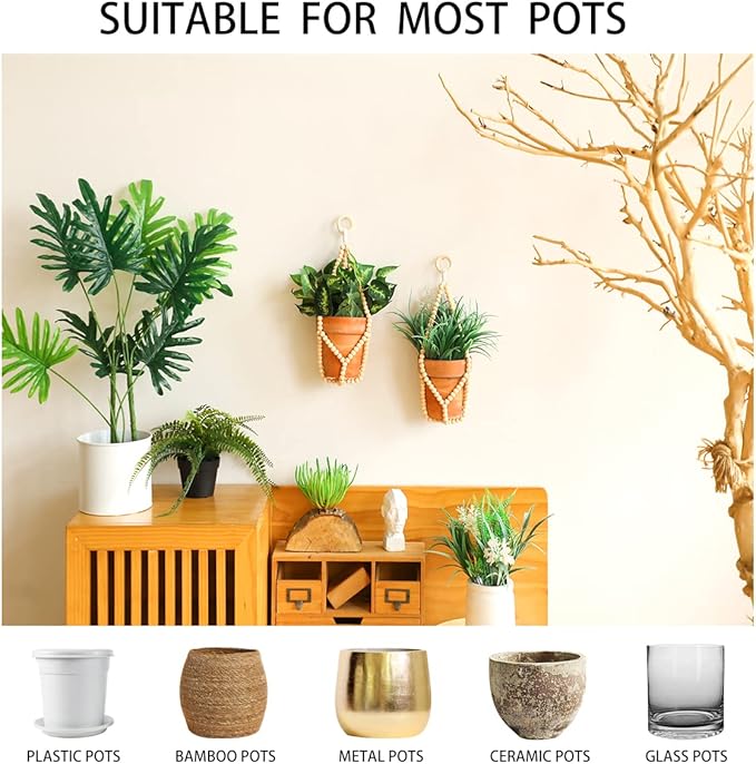 Artilady 2 Pack Beaded Plant Hanger Indoor - Macrame Hanging Planters for Plants Holder No Tassels with Wooden Beads Boho Farmhouse Rustic Home Decor (Wood Color Bead-2pcs)