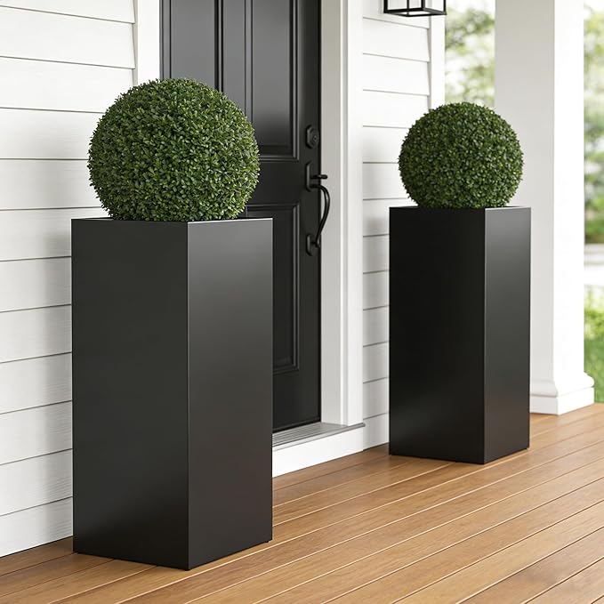 Set of 2 Tall Metal Planter Box for Outdoor Plants,14" L x 14" W x 30" H Heavy Duty Tall Outdoor Planter with Removable Insert Shelf for Porch, Patio, Backyard| Modern Décor|Built-in Drainage|(Black)