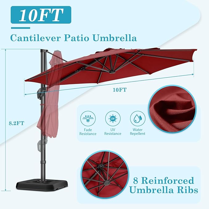 HOTEEL10x10ft Patio Umbrella Cantilever Umbrellas - Upgrade and Intensify - 360 Rotation and 5 Angles Adjustment - Aluminum Offset Pool Umbrella Outdoor Umbrellas for Patio Garden Pool