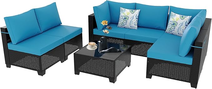 Outdoor Wicker Patio Furniture Set, Rattan Sectional Sofa Set with Thick Cushions (Coffee/Peacock Blue, 7 Piece Sofa Set)