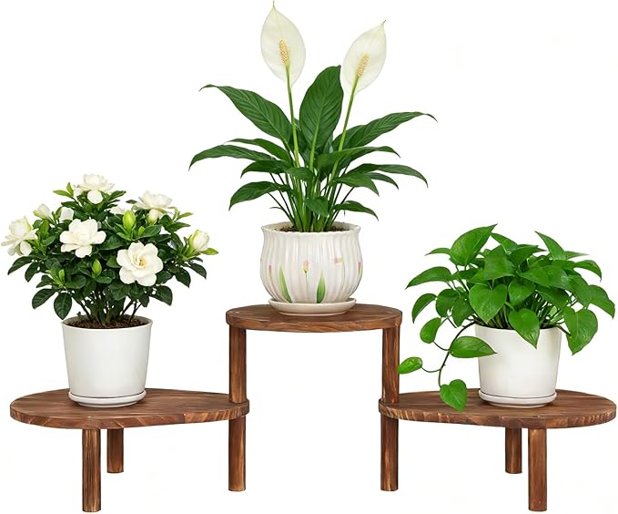 Convex Corner Plant Stand Indoor Outdoor, Wood Adjustable Plant Shelf, Long Flower Stand for Small Apartment Living Room Balcony, Carbonized Color