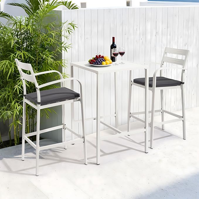 VINGLI 3-Piece Outdoor Bar Set, Aluminum Bar Height Table & 2 Chairs with Cushions, Counter Height Patio Furniture for Backyard, Poolside, Garden, Bistro, Indoor Outdoor Use (White)