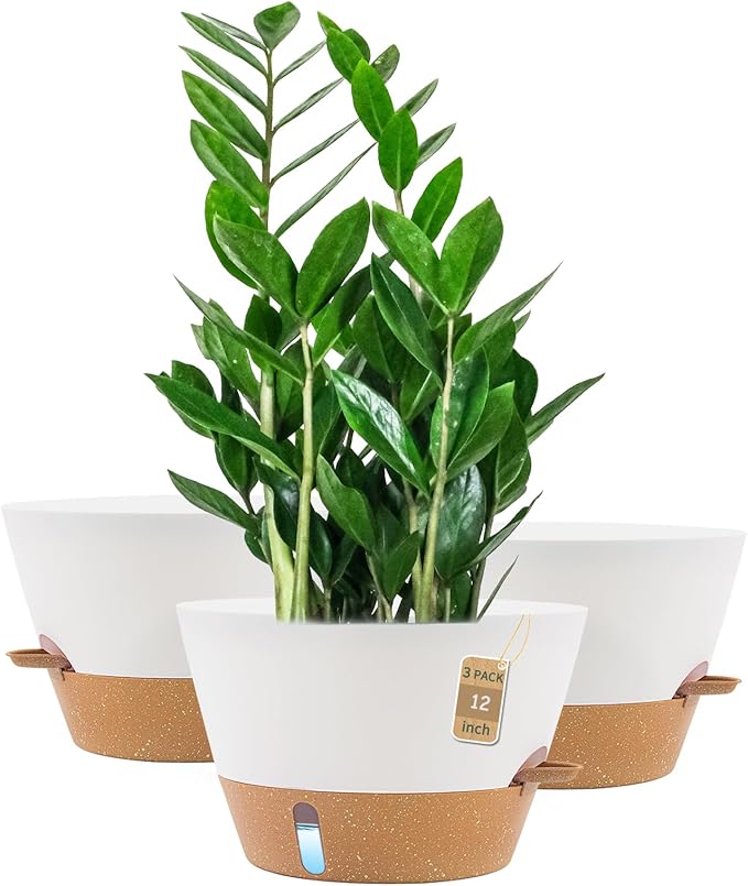12-Inch Self Watering Planters with Drainage Holes, Large Flower Pots for Indoor Outdoor Plants, Garden Pots White 3 Pack