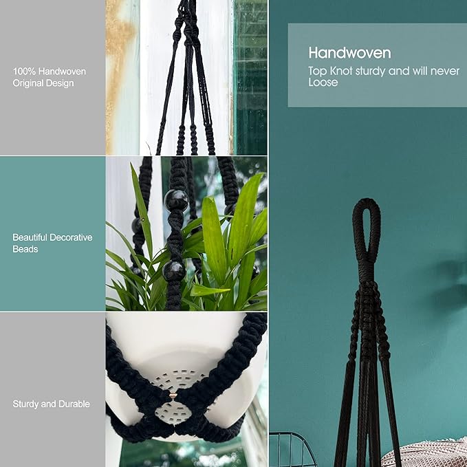 RIFNY Macrame Plant Hanger Indoor, 35 Inch Hanging Plant Holder with Hooks, Large Boho Hanging Basket Plant Hanger for Wall Window Ceiling Plants Decor (Black, 1PC)